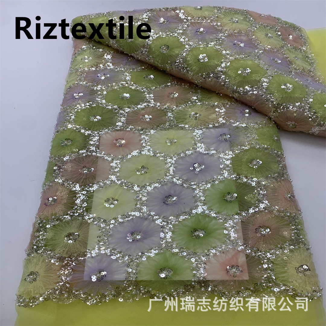New Arrival Flower Dress dress Fabric Fashion Hexagon Sequins Bead Tube Embroidery Gorgeous Wedding Dress Mesh Embroidered Fabric