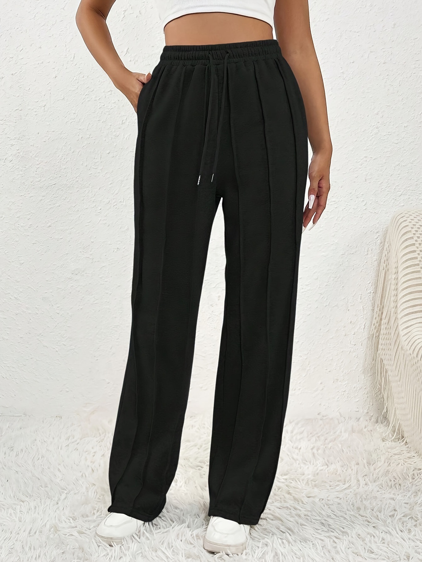2025 Cross-border Foreign Trade Guangzhou Thirteen Lines Women's Casual Fashion Pants Drawstring Vertical Stripe Straight Pants Women