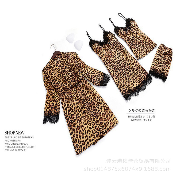 Wholesale new pajamas women's four-piece sexy European and American leopard slip skirt shorts two-piece home clothes