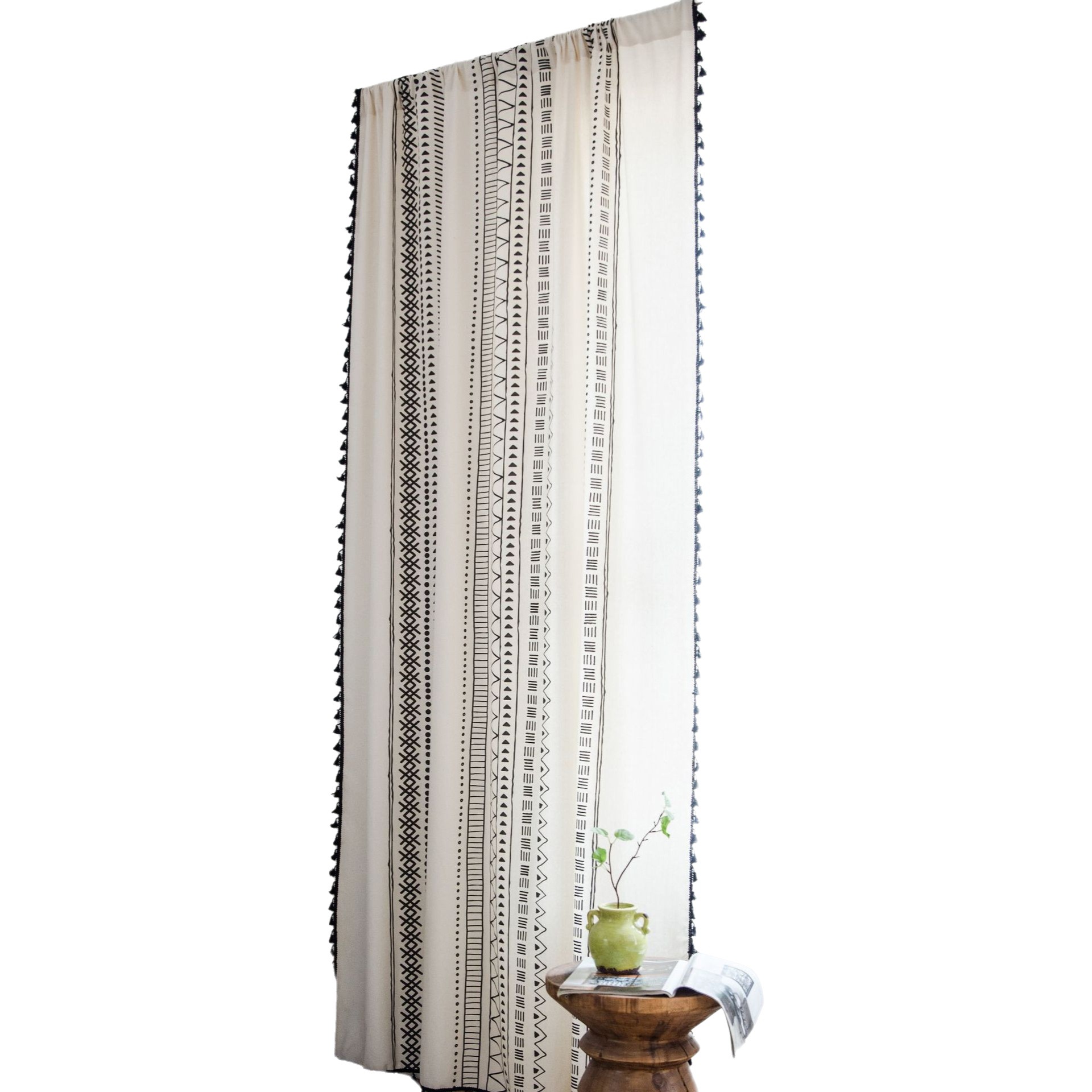Yiman Qiyun Curtain Finished Cotton and Linen Kitchen Curtain Bohemian Style Black and White Printed Bay Window Curtain