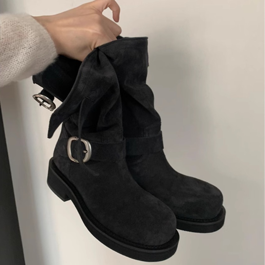 Grape Mom's Same Style Marseille Diary Retro Metal Buckle Round Toe Rubbed Boots Genuine Leather Motorcycle Pile Short Boots for Women