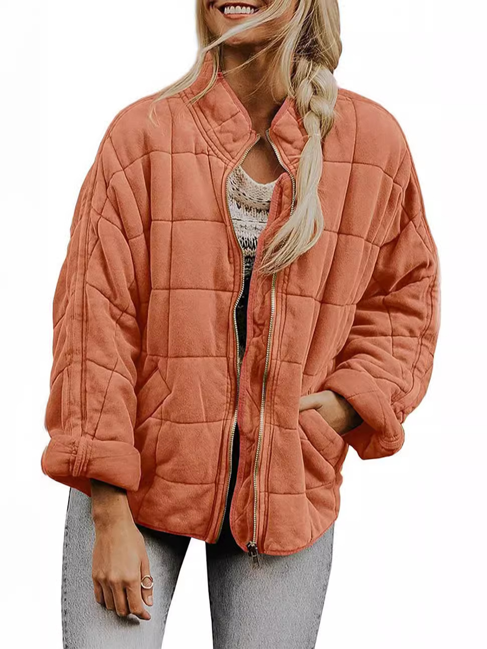 Cross-border foreign trade Amazon solid color stand collar cotton-padded jacket 2024 European and American women's loose long sleeve pocket jacket