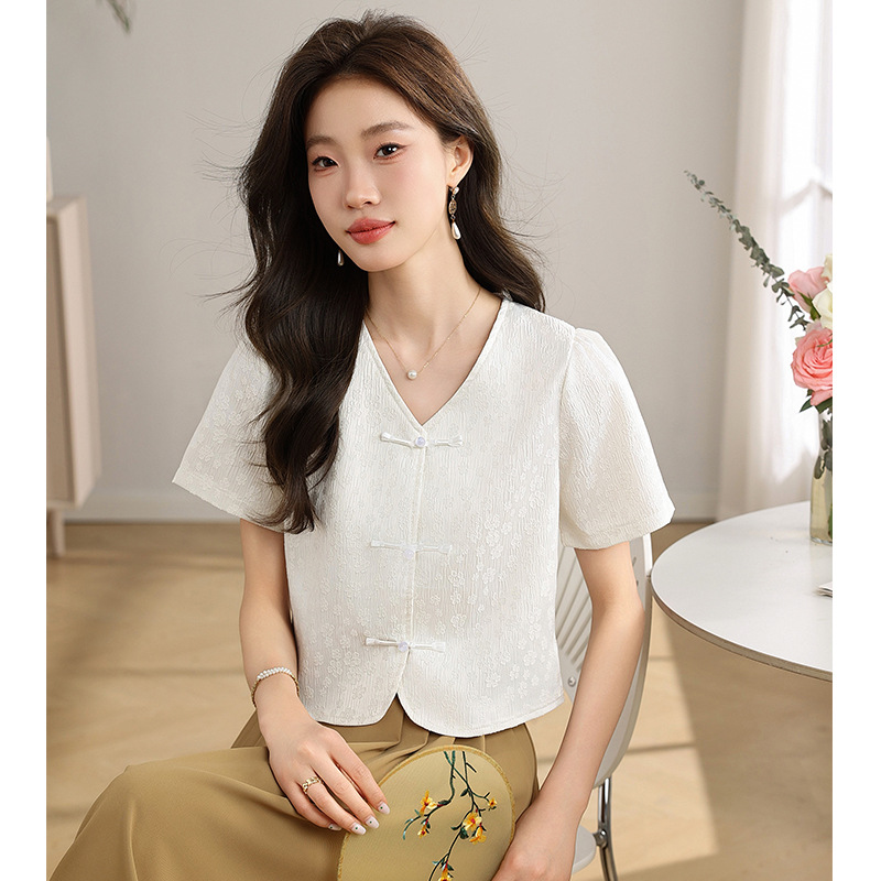 New Chinese-style Button Chiffon Shirt Women's High-end Retro National Style V-neck Top 2024 Summer New