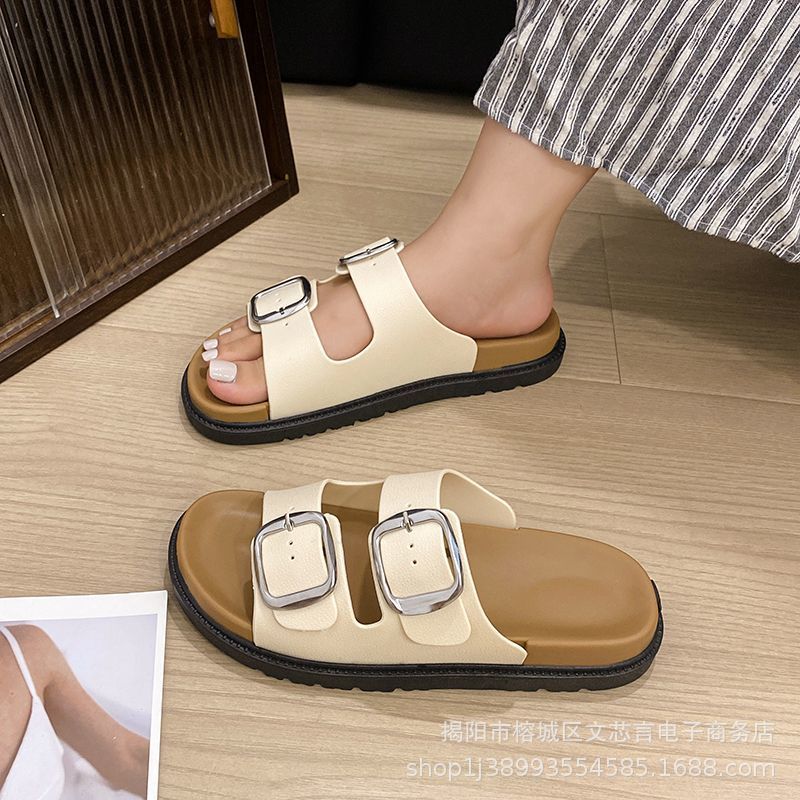 New Style Slippers for Women, Summer Sandals, Double Buckle Birkenstock Shoes, Half Slippers, Women's Summer Outer Wear, Summer Sandals and Slippers Wholesale