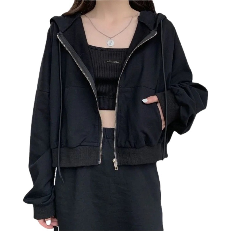 2023 early autumn women's clothing Korean short sweater women's zipper cardigan coat solid color hooded long sleeve top women