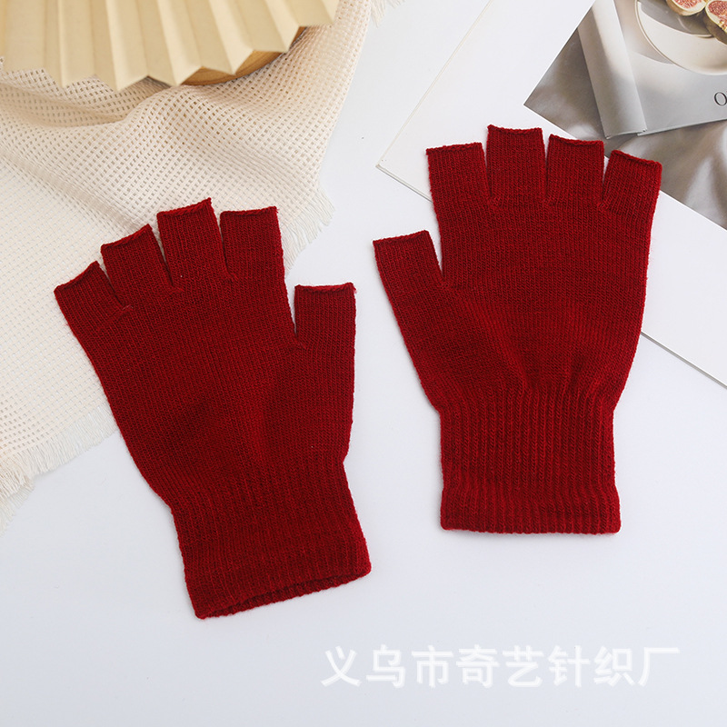 Picture of Black half finger finger elastic stretch acrylic knitted winter gloves for mobile phone