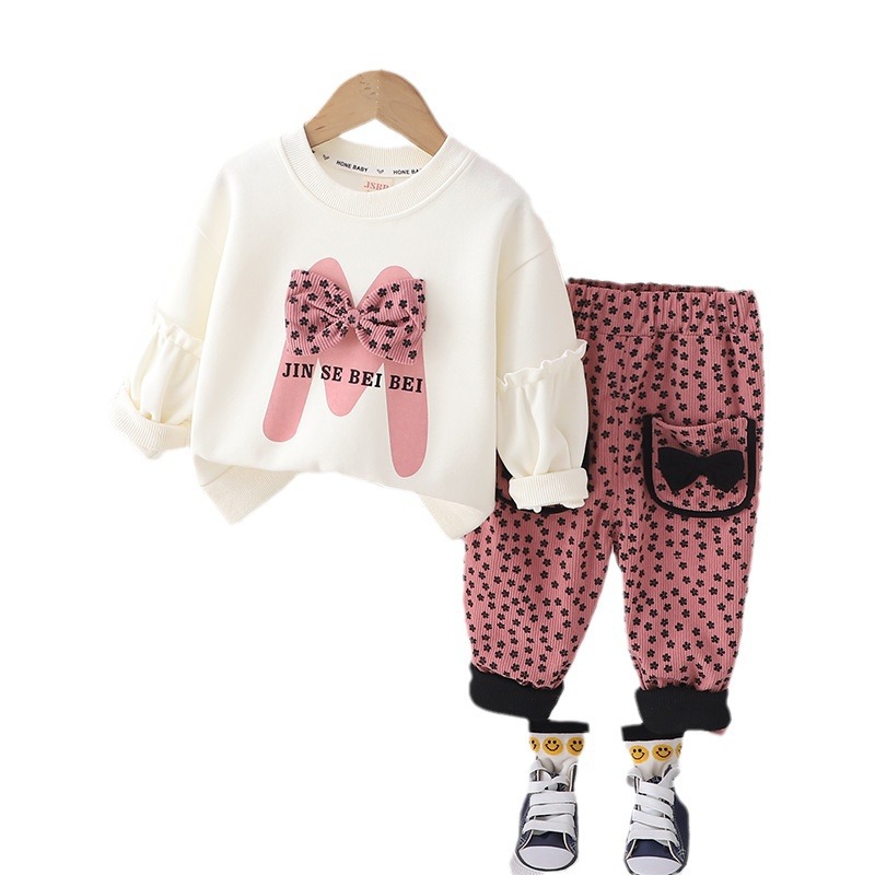 Picture of Korean style spring fashion baby fried street spring clothes idea big bow long sleeve suit trendy girls' long sleeve two-piece suit