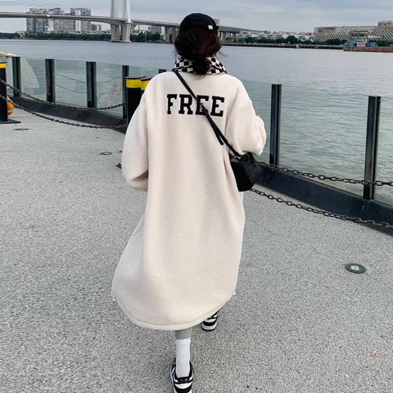 Single-breasted stand collar lamb wool coat for women 2023 autumn and winter Korean style new mid-length over-the-knee cardigan loose coat