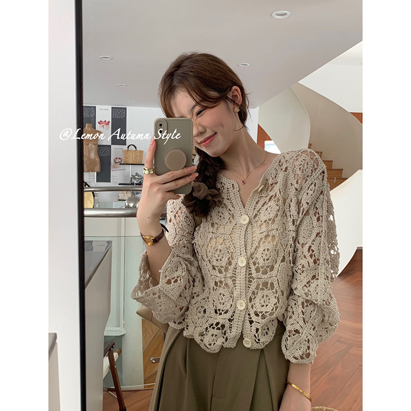 Picture of Women's long-sleeved hollow-out knitted cardigan summer wear new crocheted short chic small shirt with skirt air conditioning top