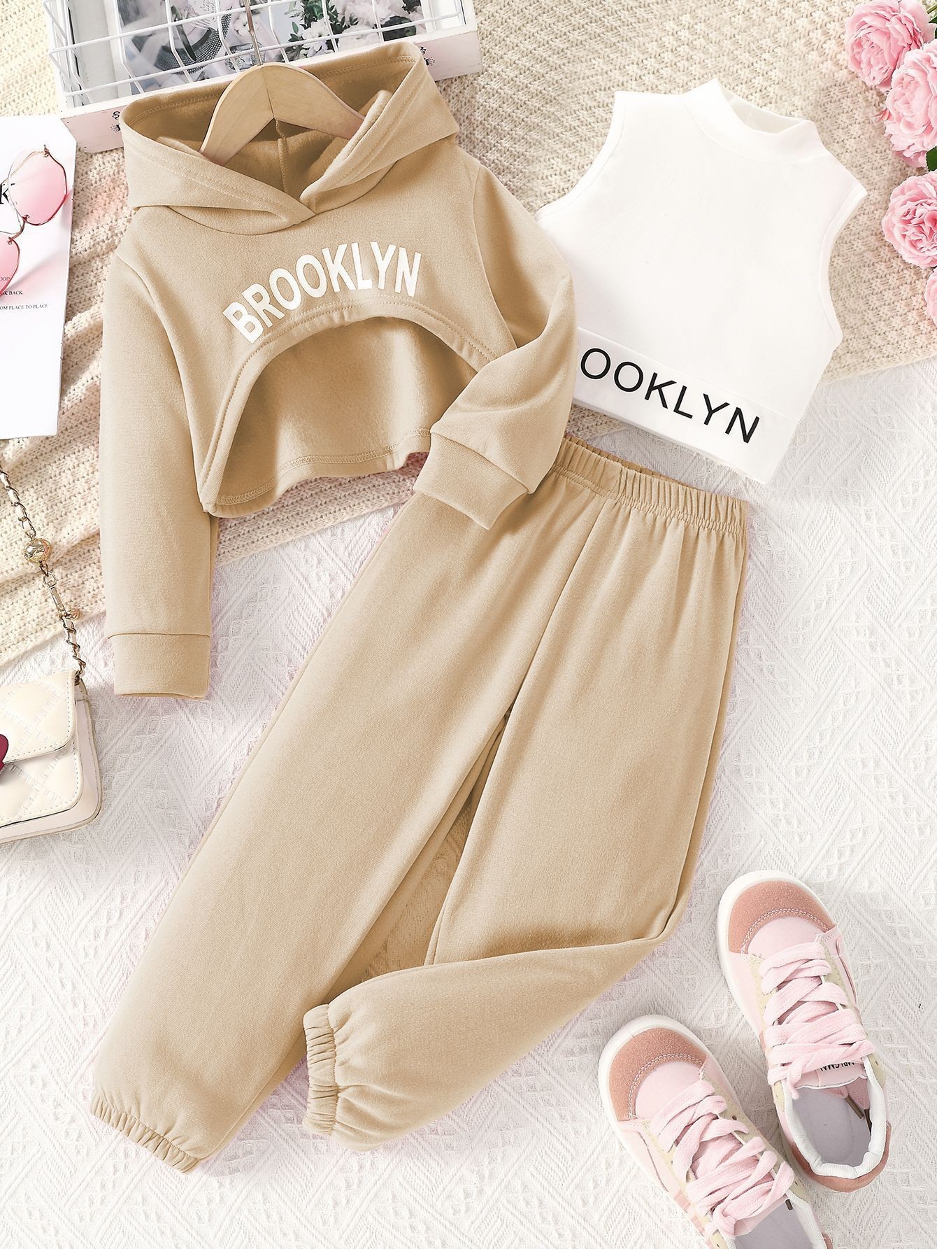 Picture of Spring and Autumn European and American Girls College Style Sweatshirt Sweet and Hot High Neck Vest Stacked Bottoming Pants Letter Printed Three-Piece Set