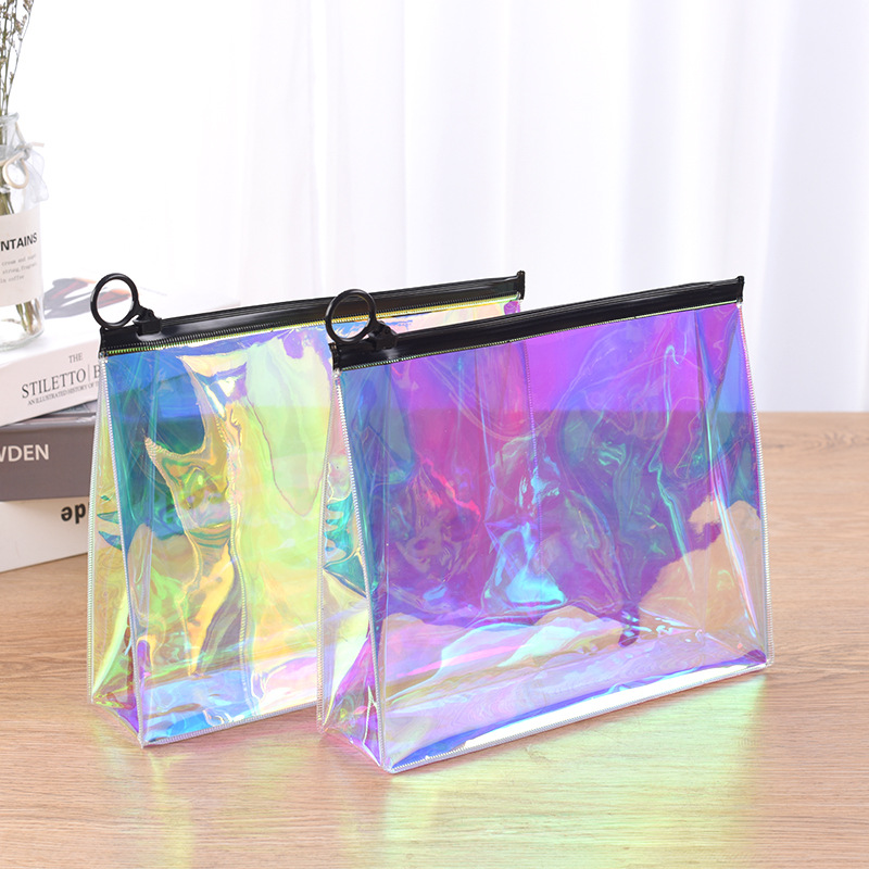 Pvc Iridescent Zipper Bag Laser Toiletry Storage Cosmetic Bag Fashionable Plastic Bag Sealed Portable Gradient Clothing Bag