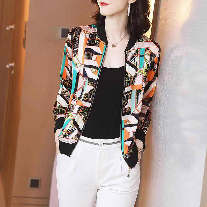 Korean Style Summer New Chiffon Western Style Printed Thin Baseball Suit Cardigan Middle-aged and Elderly Short Coat Sunscreen Clothes for Women