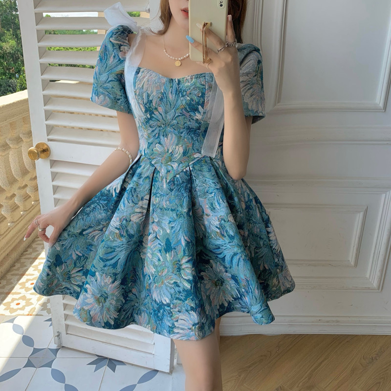2025 Summer New Style Mesh Bow Short-sleeved French Niche Court Style Oil Painting Tight Waist Shaggy dress Women