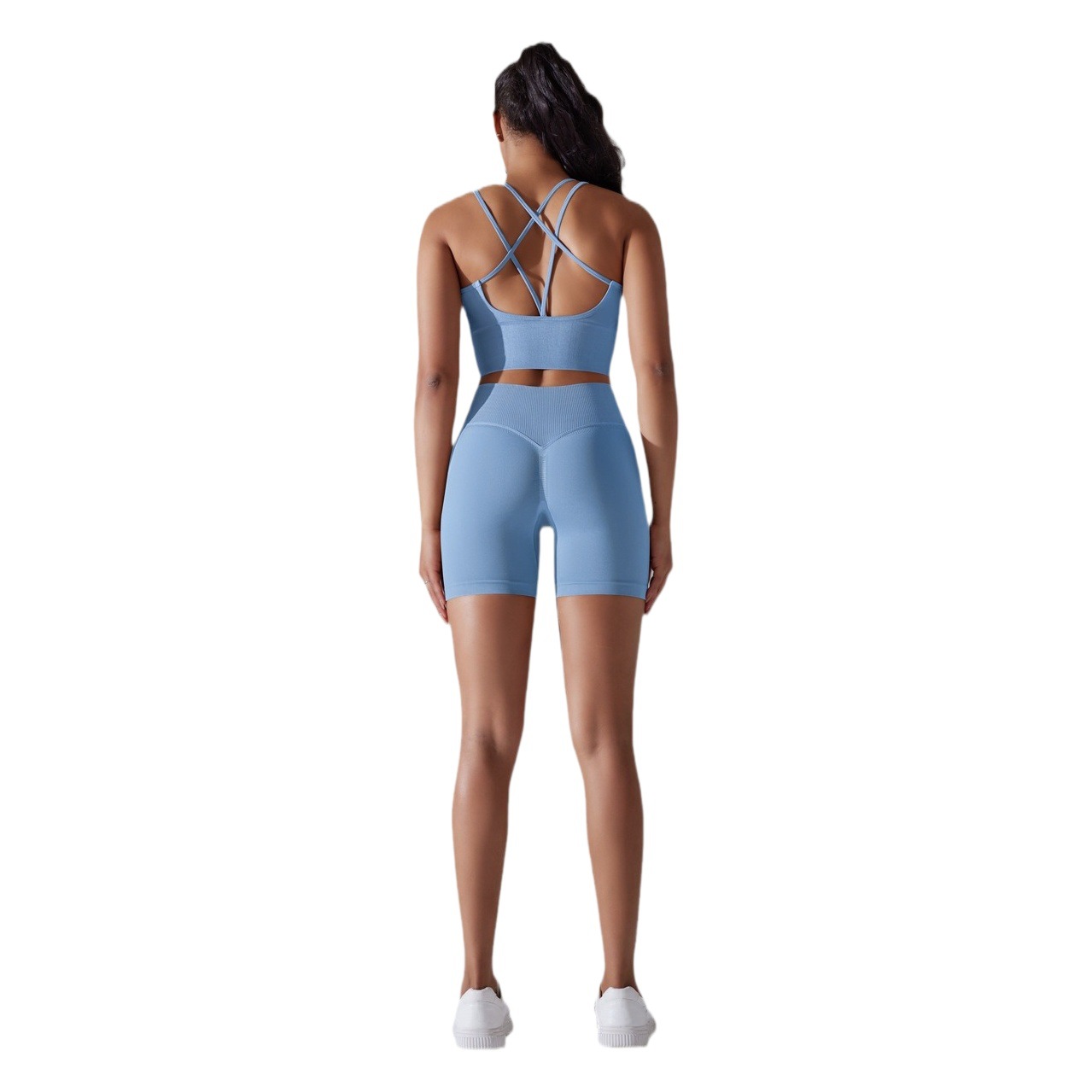 In Stock European and American seamless knitted solid color beauty back high elastic sports tight yoga clothes suit running fitness two-piece suit