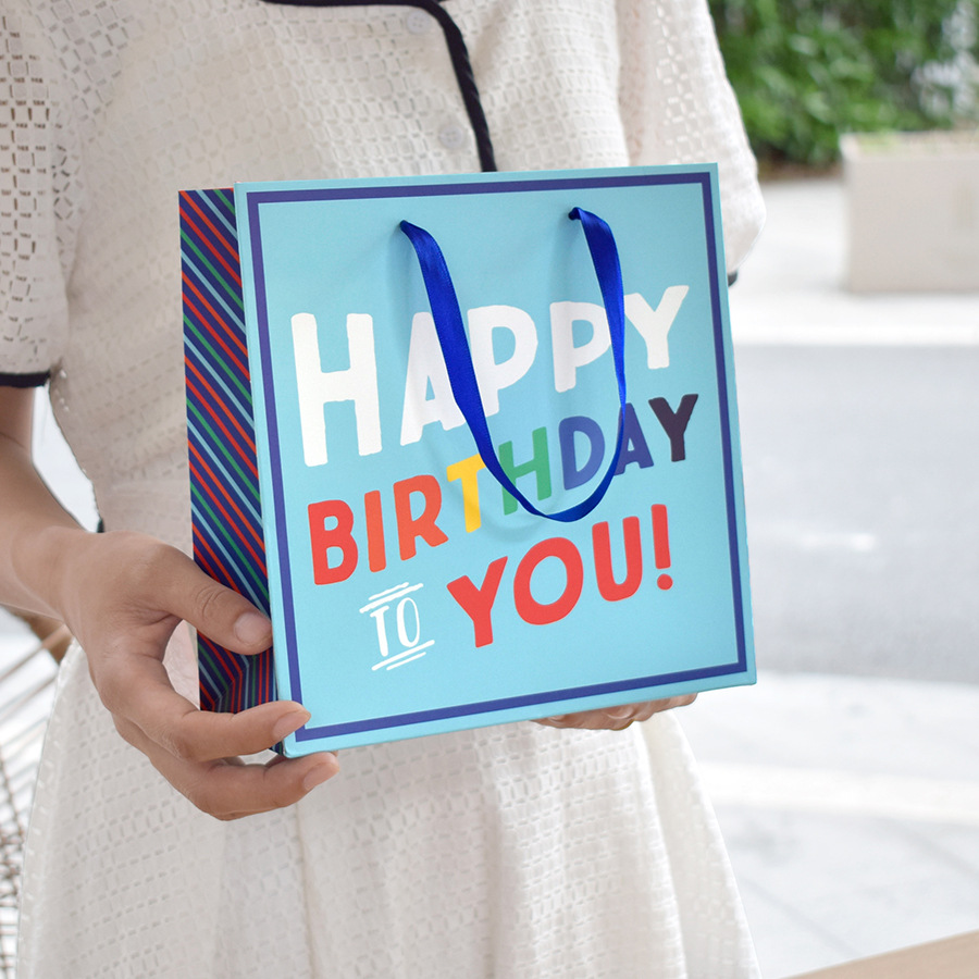 Birthday Gift Paper Blue Cartoon English Letters Handbag White Card Gift Bag in stock Paper Bag Hand Gift