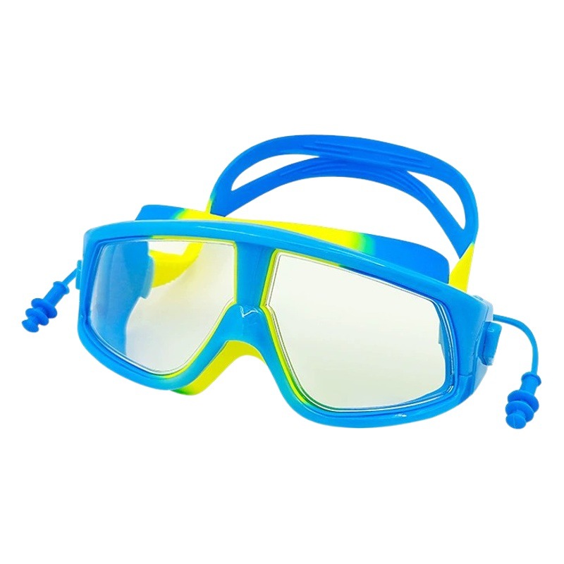 Large frame children's swimming glasses with conjoined earplugs for boys and girls waterproof anti-fog high-definition transparent colorful electroplating wholesale