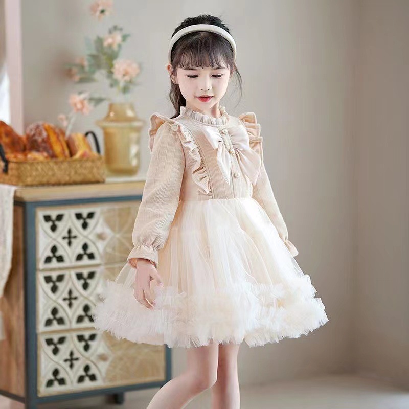 Picture of Designed Girls' Long-Sleeved Dress 2024 Autumn and Winter New Style Bow-Knot Fashionable and Sweet First Birthday Cake Dress