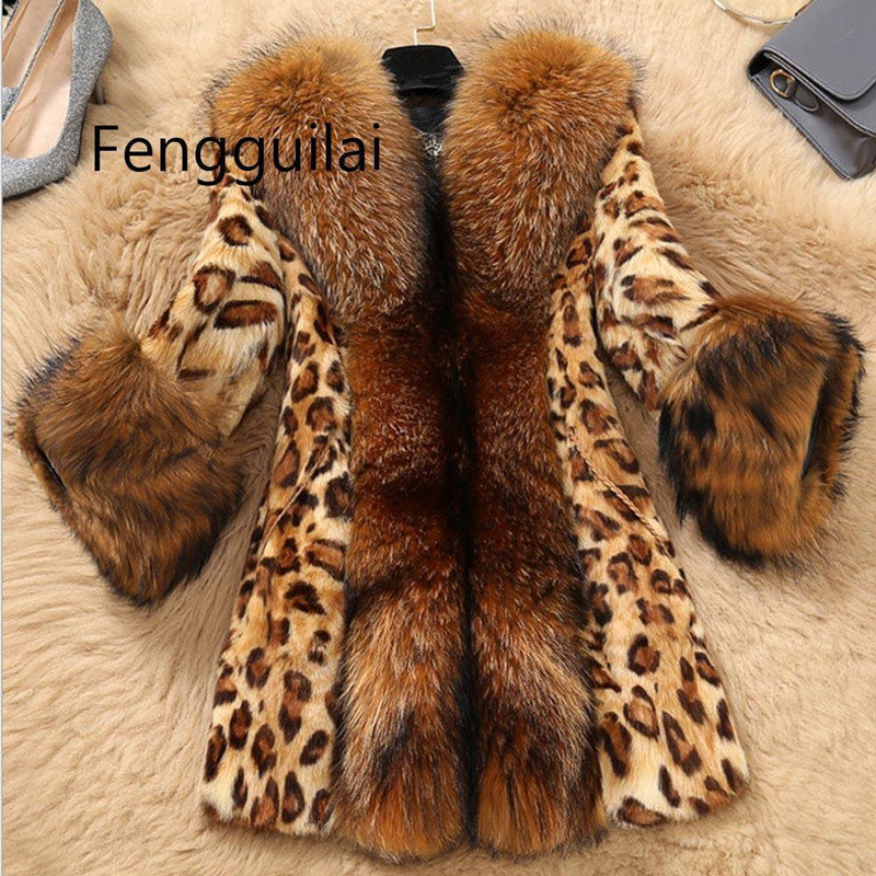 Cross-Border 2024 Autumn and Winter Fur Outwear for Women Mid-Length Leopard Print Imitation Raccoon Fur Collar Artificial Fur Warm Outwear Fur