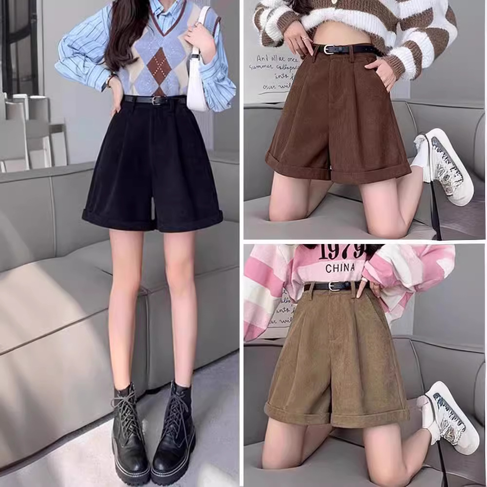 2025 autumn and winter new corduroy shorts women's high waist slim loose wide leg shorts fashion Korean boots pants