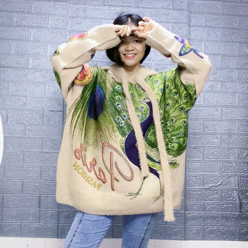 Imitation Mink Hair Hooded Women's New Sweater Peacock Hot Drilling Sweater Autumn and Winter Loose Western Style Long Sleeve Top Women's Trendy