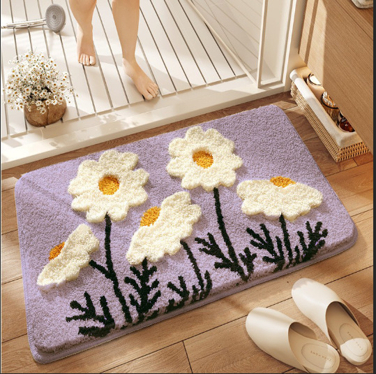 Bathroom Floor Mat Purple Flower Flocking High and Low Hair Stereo 3D Mori Door Mat Water Absorbent Mat Toilet Foot Mat