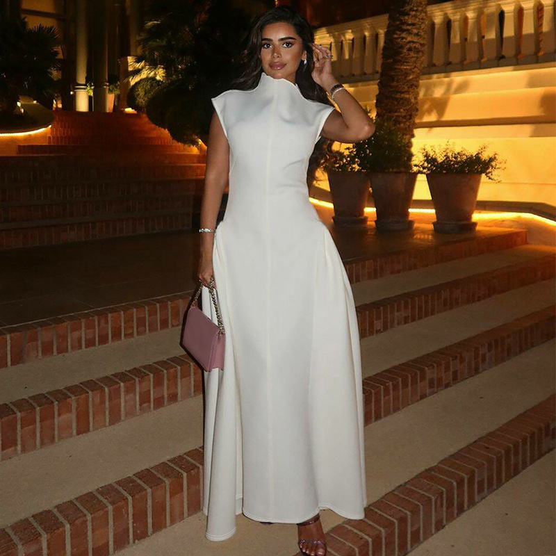 Cross-Border Amazon European and American Clothing 2025 Autumn and Winter New Fashion Pure Color Sleeveless Waist Elegant Dress Dress