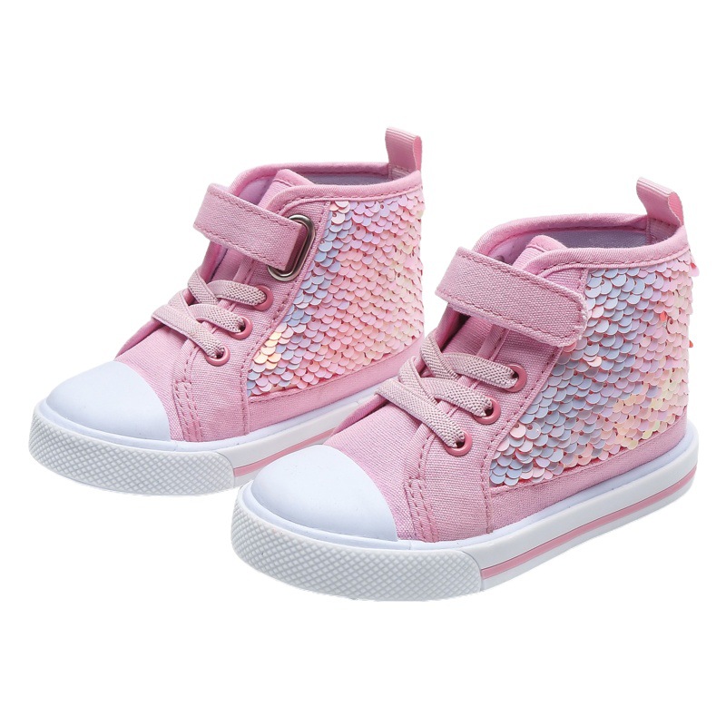 Children's Canvas Shoes Spring and Autumn High-top Trendy Sequin Princess Shoes Girls' Buckle Casual Sneakers Korean Style Children's Shoes