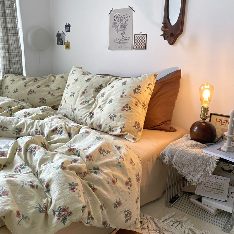 Korean Style Vintage Floral Cotton Bed Four-piece Set ins Cotton Girl's Heart Bed Sheet Quilt Cover Dormitory Three-piece Set 1.8