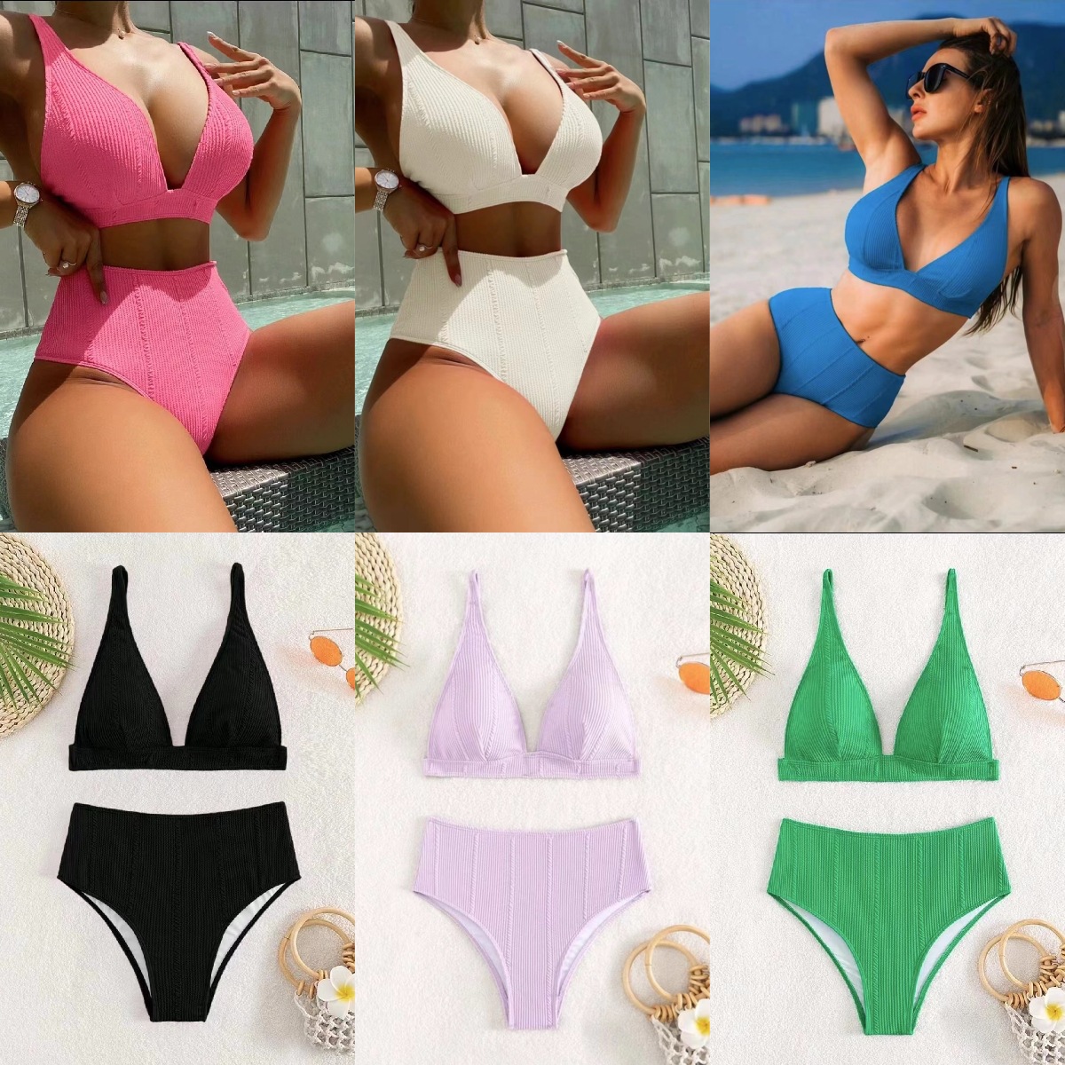 2023 New bikini Swimwear Foreign Trade European and American Solid Color Swimwear Women's Sexy Triangle Split Swimsuit bikini