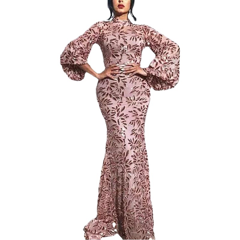 Ethnic style European and American Foreign trade pink dress women's independent stand sexy petal large swing long banquet dress for women