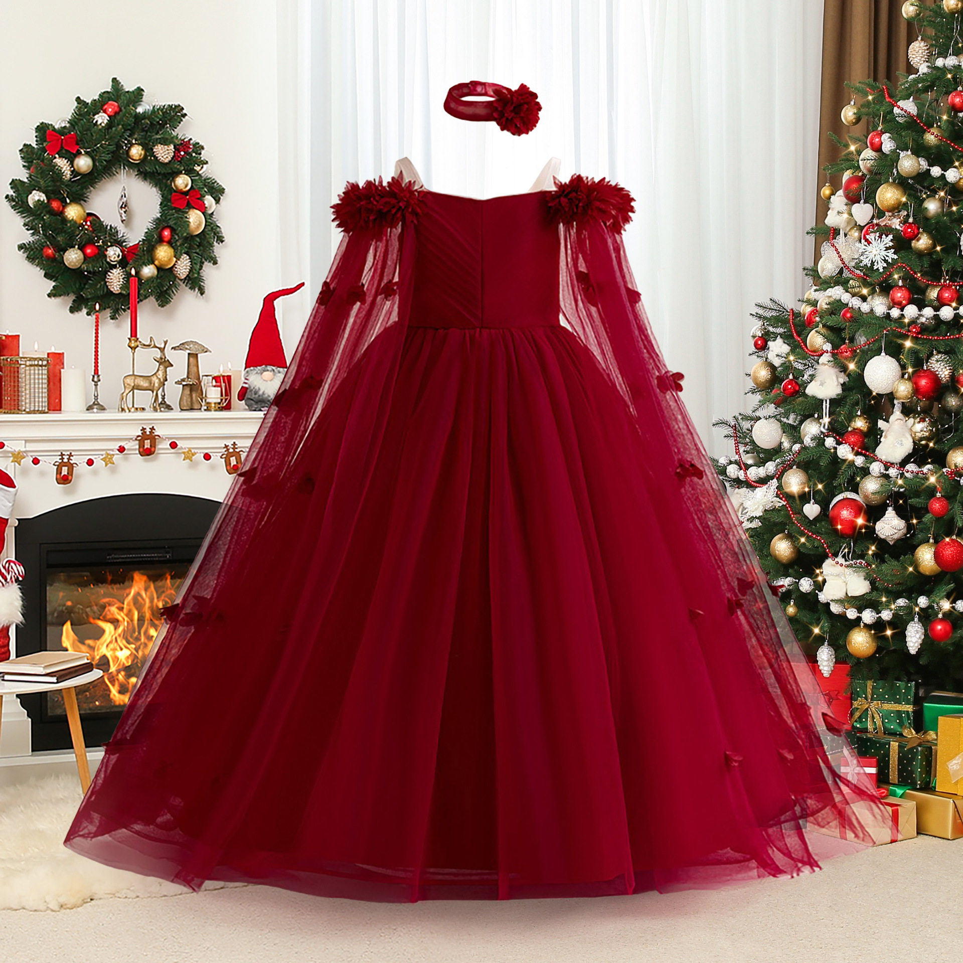 Christmas New Girls' Dress Shoulder Long Cape dress Children's Princess Dress Poncho Shaped Shaped Dress