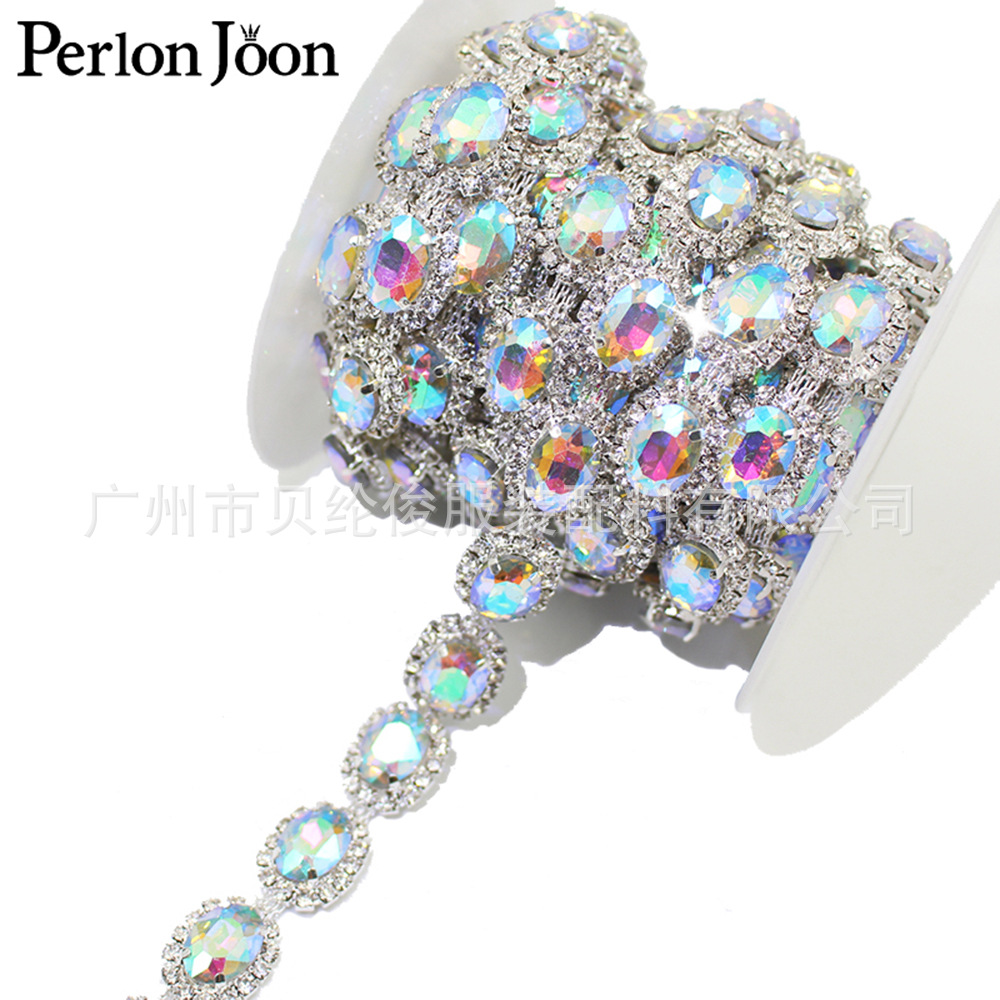 AB silver oval fancy rhinestone welding code chain headdress wedding dress DIY decorative diamond chain clothing accessories