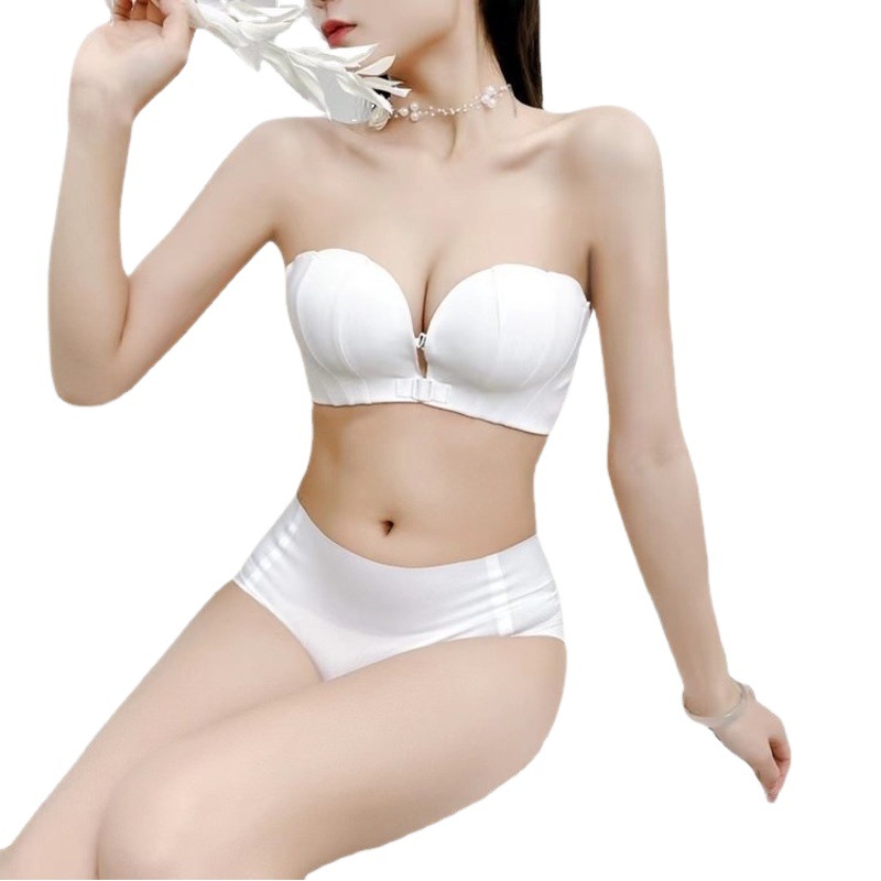 Original Shell Palm Cup Satin Sexy Front Buckle Underwear Strapless Beauty Back Invisible Rimless Bra Explosions