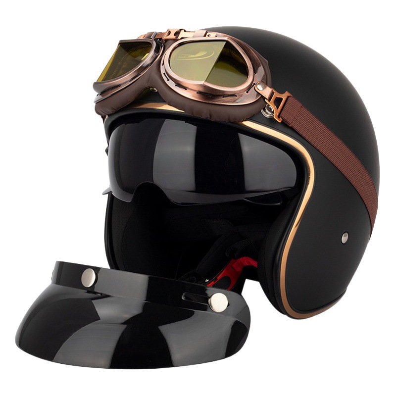 Retro Electric Vehicle Helmet for Men and Women, Summer Helmet, Sun Protection Half Helmet, Motorcycle All-Season Helmet, Goggles Set Kt67