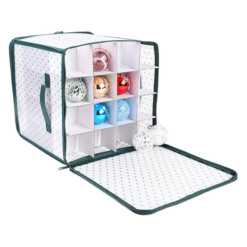 Green dot printing pp material 64 grid Christmas ball double zipper double portable foldable storage box