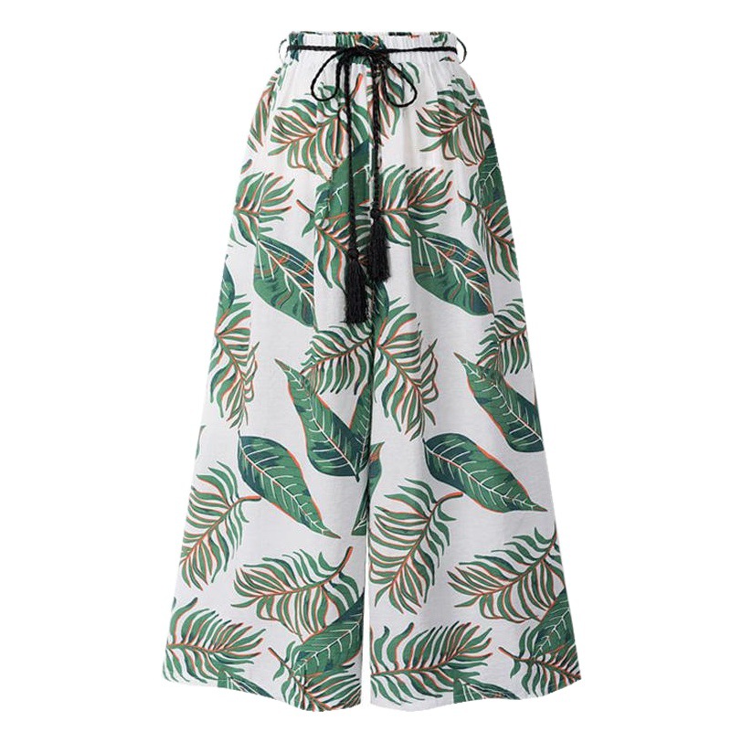 Floral Wide-leg Pants Women's Summer Thin High-waist Loose Printed Casual Pants Cropped Pants chubby girl plus size Slim-fit Beach Pants