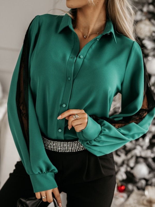 2024 independent station new long sleeve stitching lace button lapel long sleeve loose cardigan shirt shirt