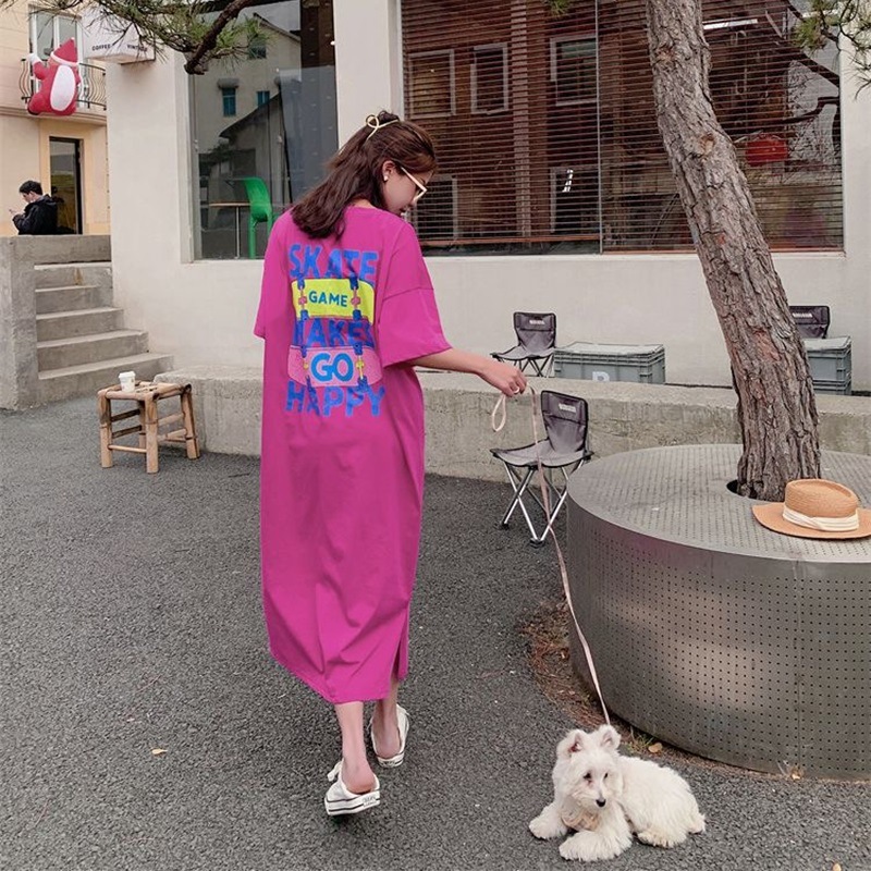 Picture of Korean Plus Size Women's Dress Summer Fat mm Long Short-Sleeved T-Shirt Women's Loose Slit Long Skirt Bottoming Shirt for Women