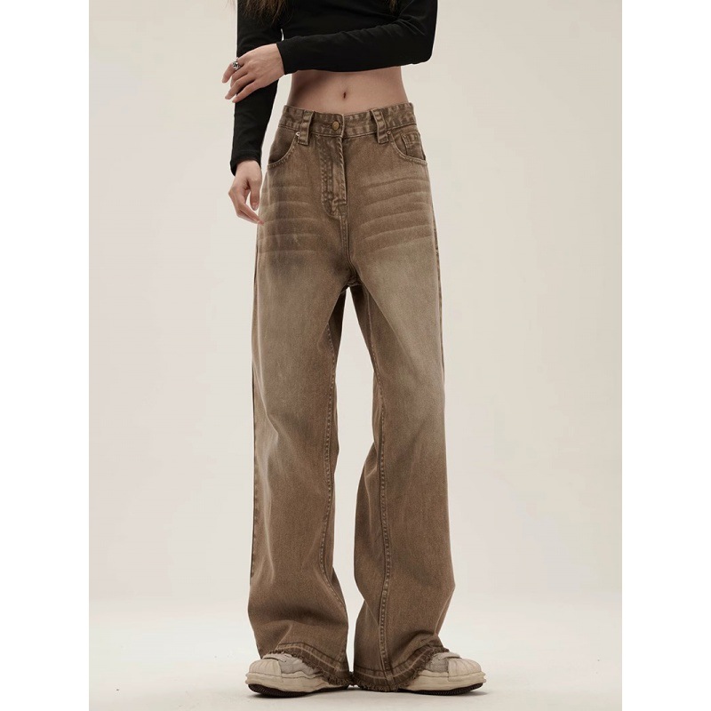 2024 High Street American Style Retro Jeans Straight Leg Loose Brown Washed Old European and American Maillard Pants for Children
