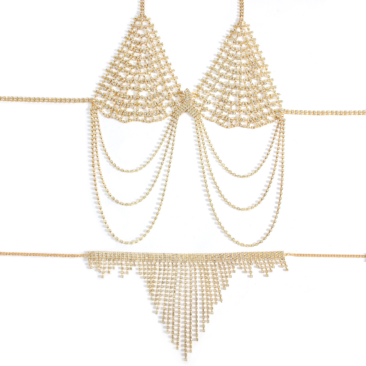 Picture of Personality Fashion Full Diamond Tassel Body Chain suit European and American Nightclub Sexy Exaggerated Bikini Chest Chain Waist Chain Accessories