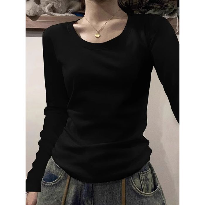 Picture of American Style Shoulder Long-Sleeved T-Shirt Women's Autumn and Winter Women's New U-Neck Slim-Fit Sanding Base Shirt Top for Women