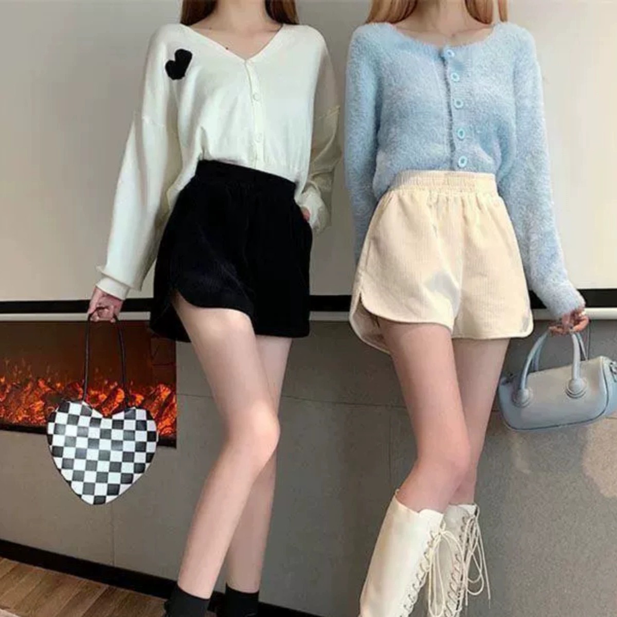 Corduroy Shorts for Women, Autumn and Winter Outerwear, 2025 New Style, Elastic High Waist, Black, Pocketed, A-Line Wide-Leg Leggings