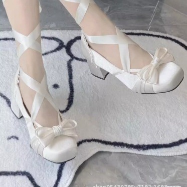 French-Style Fairy Lace-Up Ballet Flats with Bowknot, Closed-Toe, Chunky Heel Lolita Shoes, Niche Evening Style, Breathable