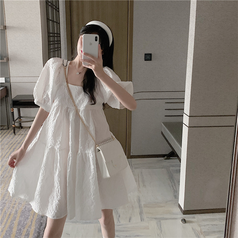 Cream Puff Skirt 2022 Summer New Girl Puff Sleeve Waist White First Love Temperament Dress Goddess Style