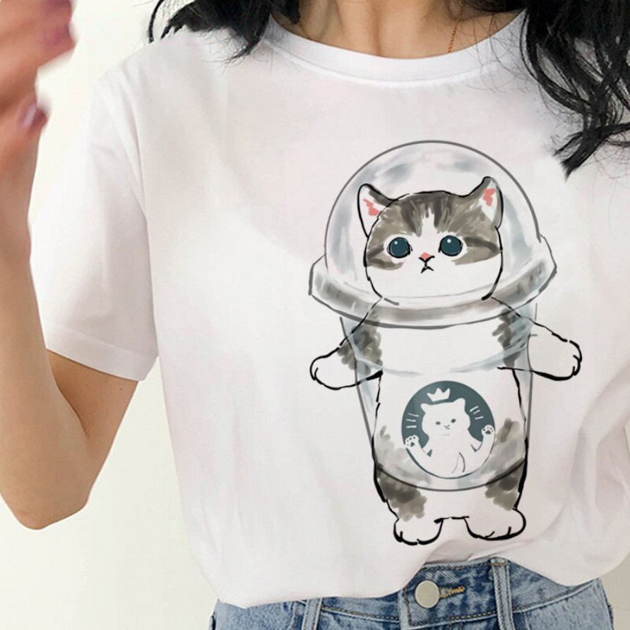 2023 shrimp pattern round neck printed white T-shirt short sleeve women's clothing cat foreign trade cross-border wish/ebay Amazon