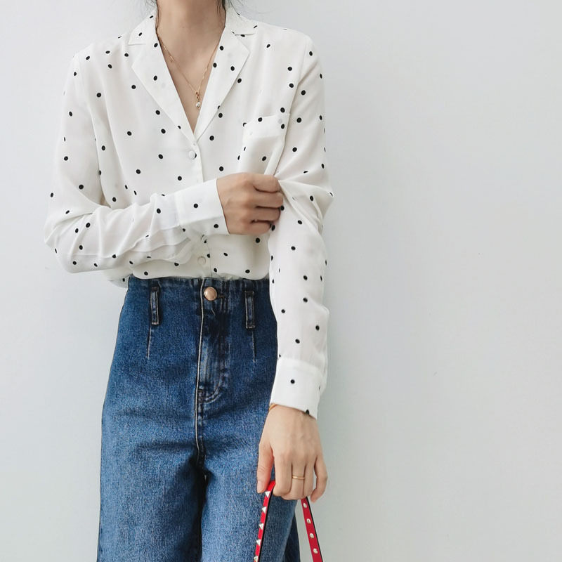 Clearance French Style Elegant Artistic Single Pocket Dress Collar White Bottom Black Dot Printed Heavy Sand Wash Silk Shirt Women