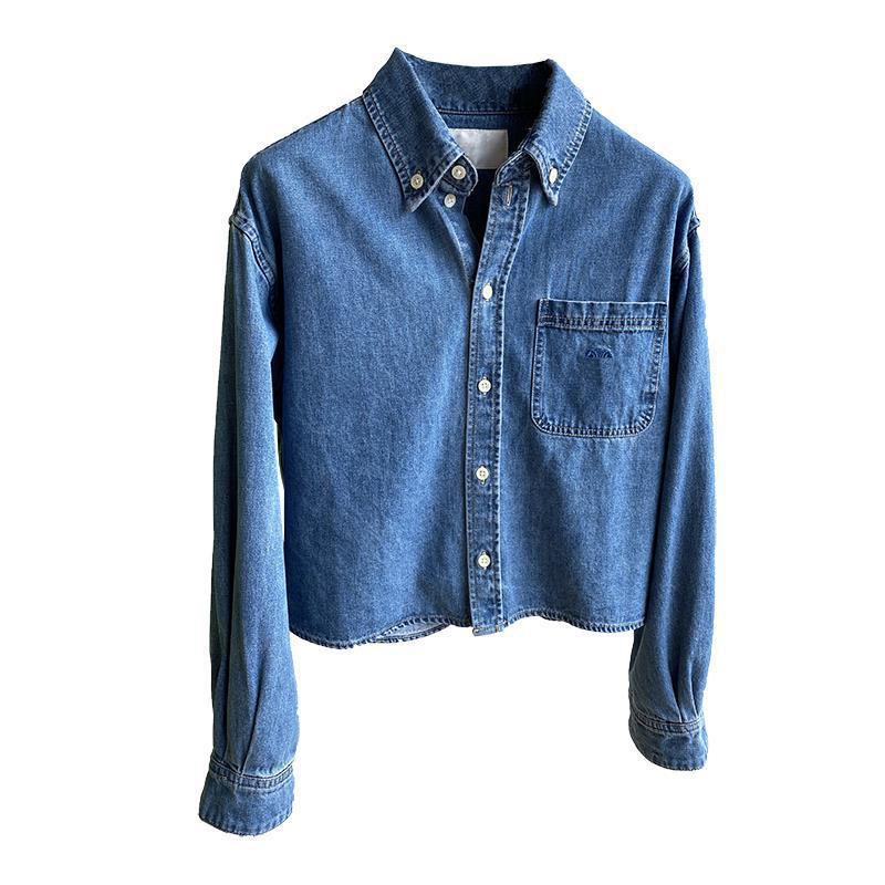 Picture of Blogger Accent ~ Fashionable, Simple and Versatile High-End Embroidered Flap Pocket Pants Cotton Short Denim Shirt for Women 2025 Spring & Fall Style