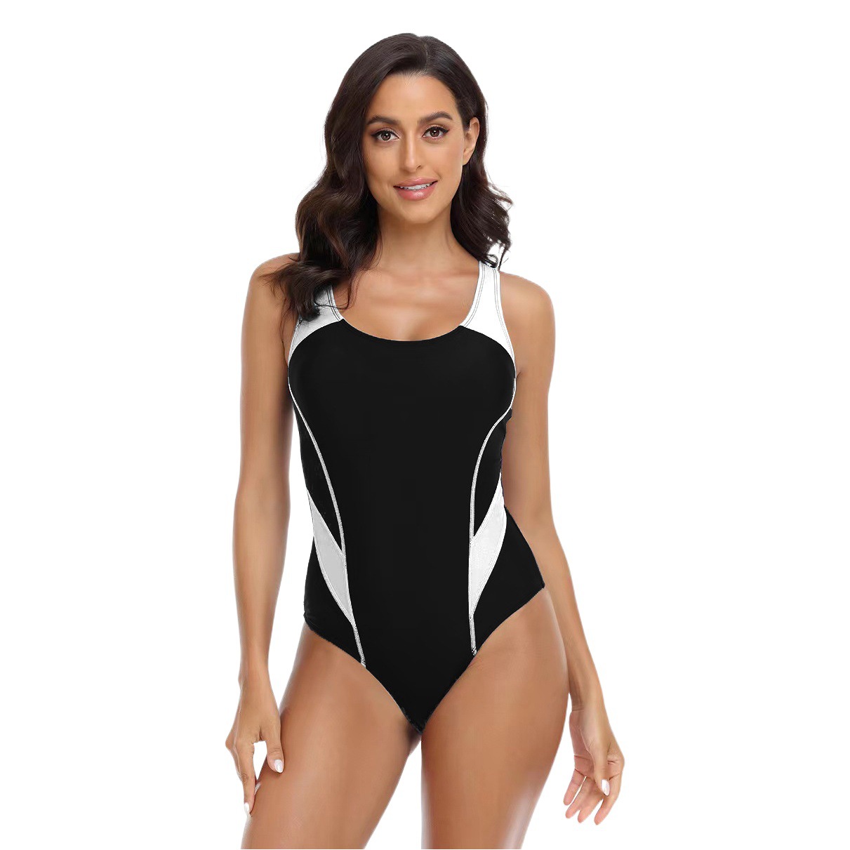 New European and American Competitive Swimsuit Women's Tight Color Matching Solid Color Conservative Amazon Cross-Border One-Piece Swimsuit Wholesale in Stock