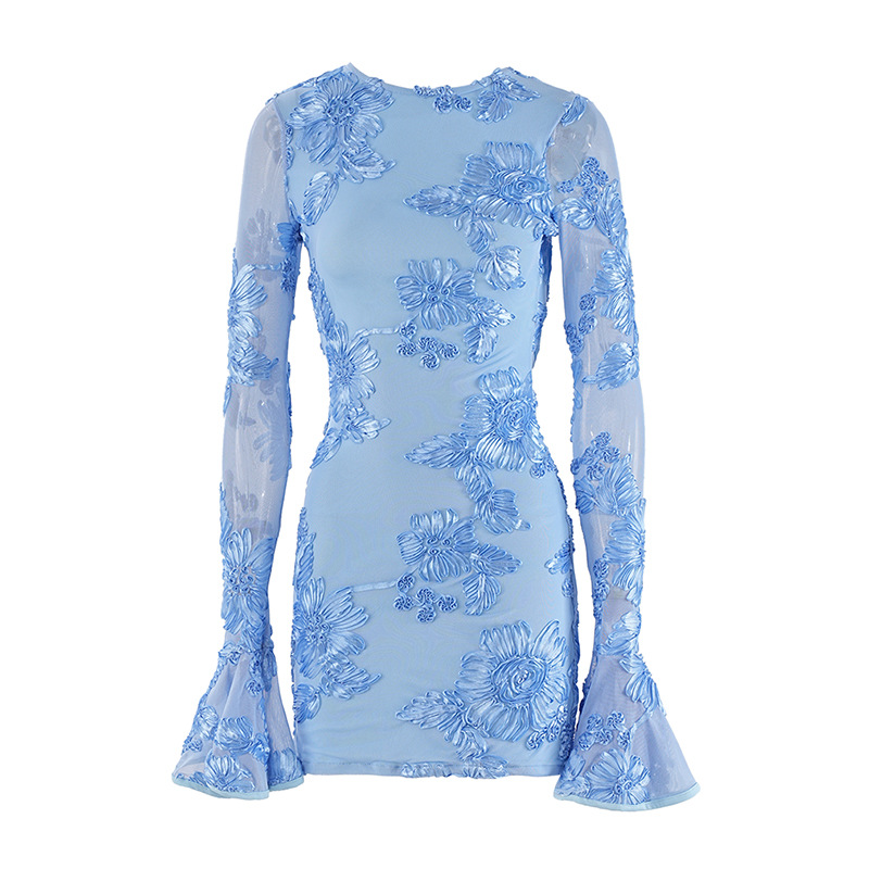 European and American Style Heavy Industry Embroidered Backless Horn Sleeve dress Women's Summer Hip Skirt Design Neck Hanging Flower Skirt