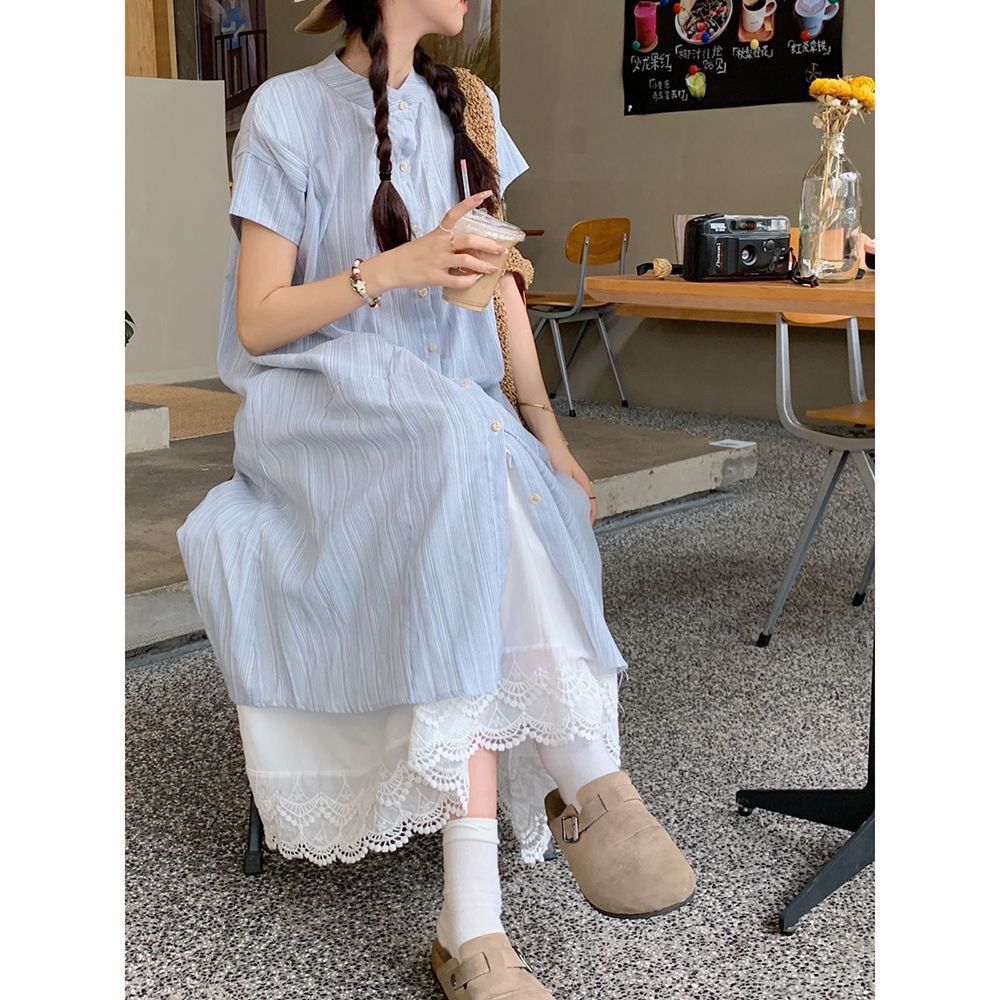 Blue Stripesd Short-Sleeved Shirt Dress for Women Summer 2025 New Korean Style Loose Mid-Length Stacked Two-Piece Set